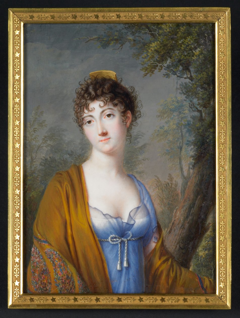 Dame i blåt med gult sjal, ca. 1800 (akvarel på elfenben) af Genot Genot