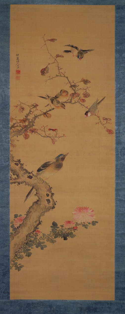 Fugle, blomster og træer, ca. 1800-22 (blæk og farver på silke) af Gentai Sanjin