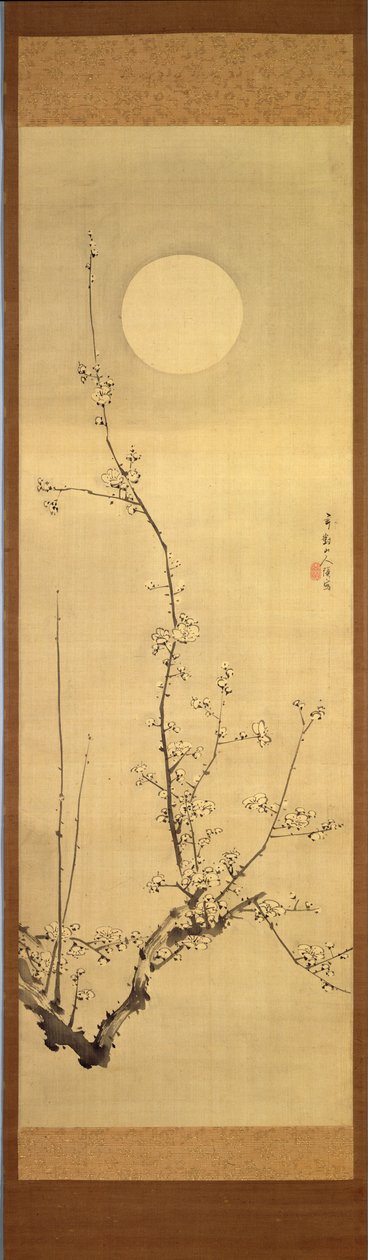 Blomstrende blommetræ mod fuldmåne, ca. 1800-22 (blæk på silke) af Gentai Sanjin