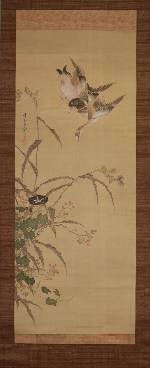 Ænder, blomster og græsser, ca.1800-22 (blæk og farver på silke) af Gentai Sanjin