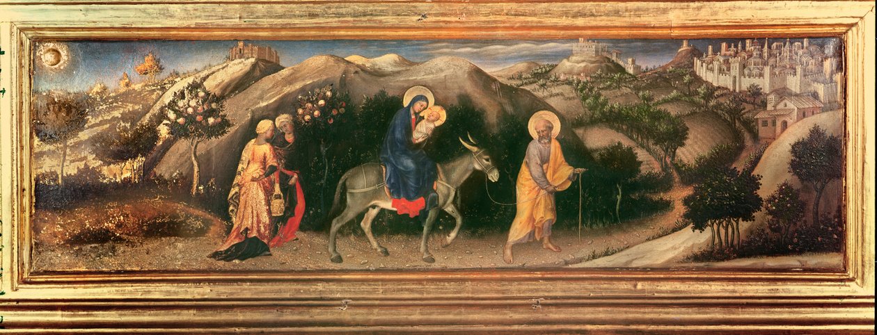 Tilbedelse af Magi-altertavlen, central predella Flight into Egypt, 1423 (tempera på panel) af Gentile da Fabriano