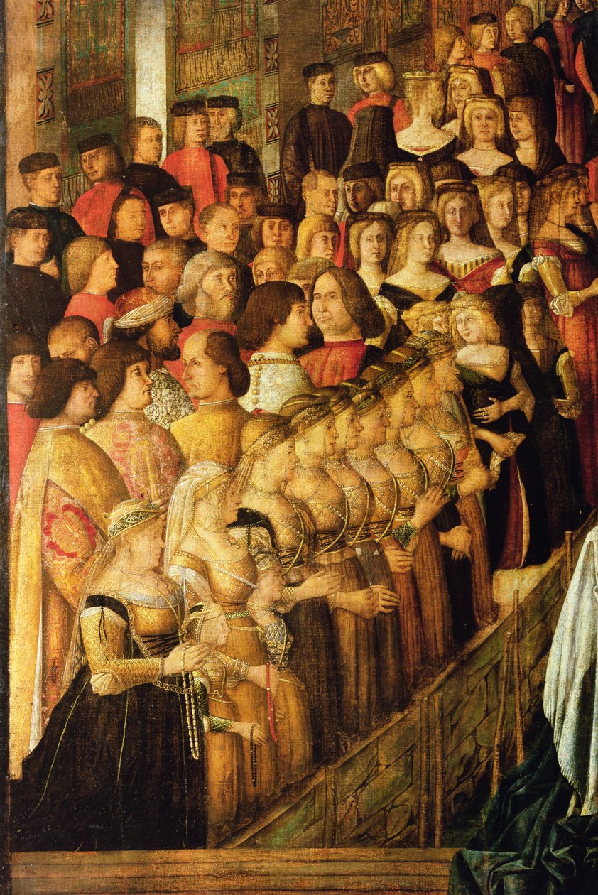 The Miracle of the Cross på San Lorenzo Bridge, detalje af Caterina Cornaro 1454-1510 og hendes damer, 1500 olie på lærred detalje af 58302 af Gentile Bellini