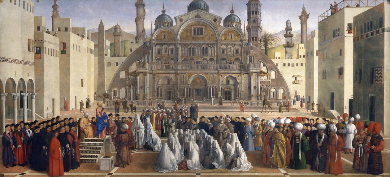 Markus prædiker i Alexandria, Egypten af Gentile and Giovanni Bellini