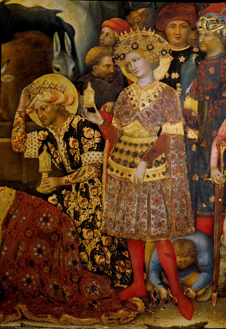 Altertavle af tilbedelsen af Magi (Pala Strozzi) Detalje, der repræsenterer to konger. Maleri af Gentile da Fabriano (Gentile di Niccolo) (1370-1427) 1423 søn. 173x220 cm. Tempera på træ. Firenze, Galleria degli Uffizi (Uffizi) af Gentile da Fabriano