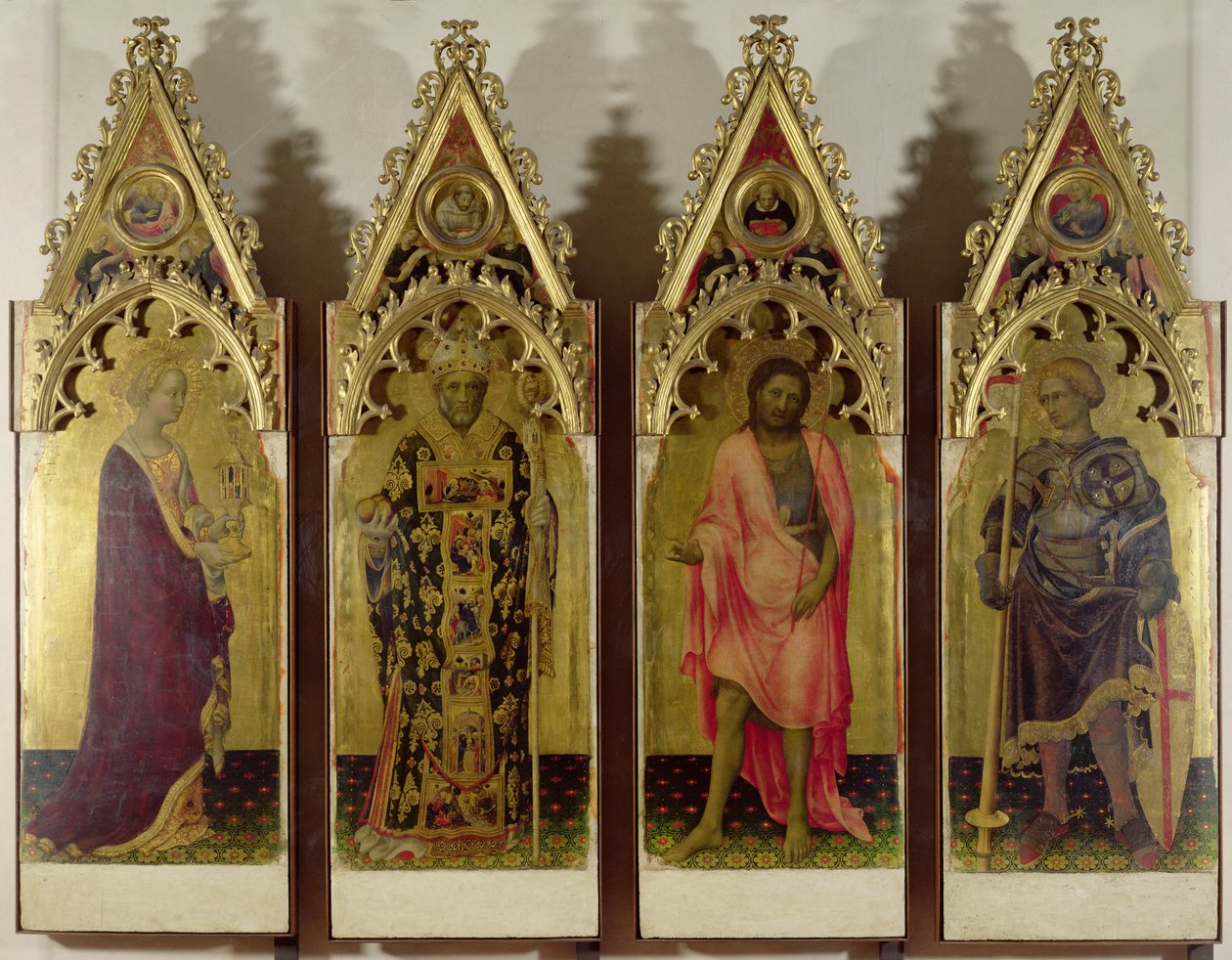 Fire hellige fra Quaratesi Polyptykon: Maria Magdalena, Skt. Nicholas, Skt. Johannes Døberen og Skt. Georg, 1425 (tempera på panel) (for detaljer se 85683 og 85684) af Gentile da Fabriano