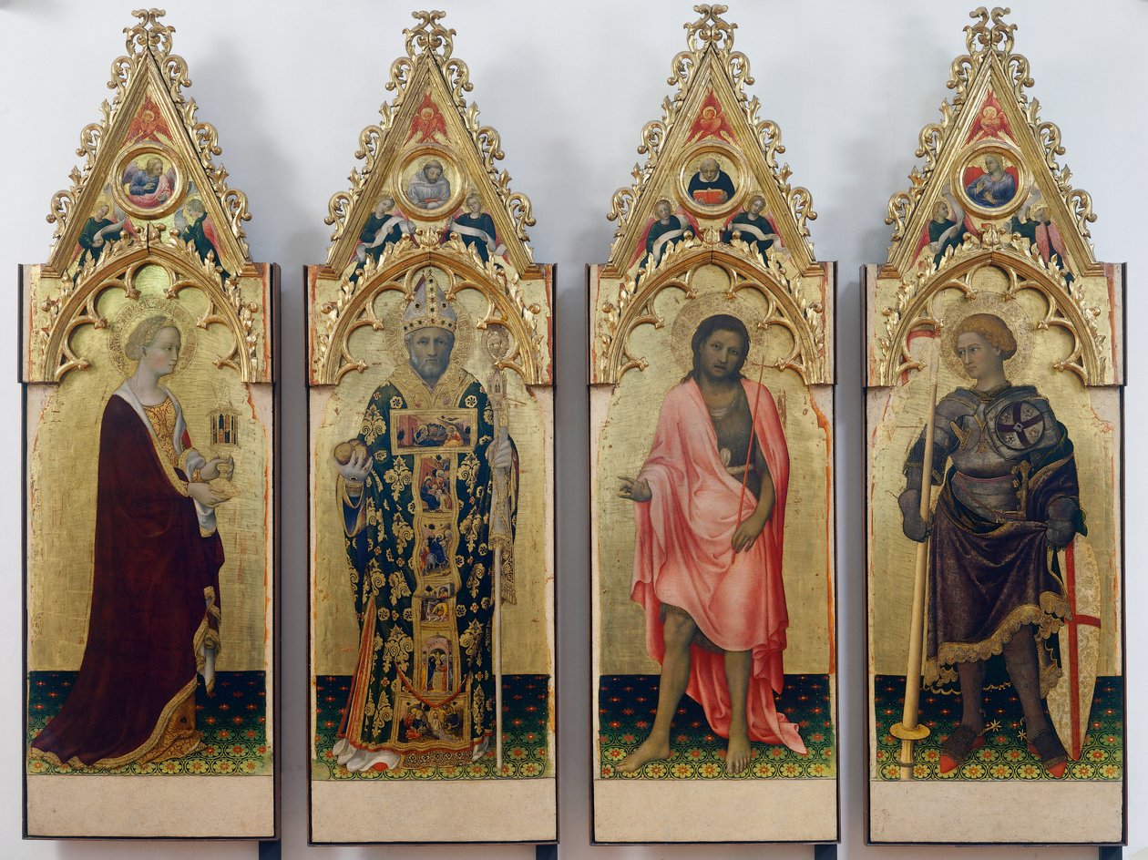 De fire helgener fra Quaratesi-polyptikken, Maria Magdalene, Nikolaus af Bari, Johannes Døberen og Sankt Georg af Gentile da Fabriano