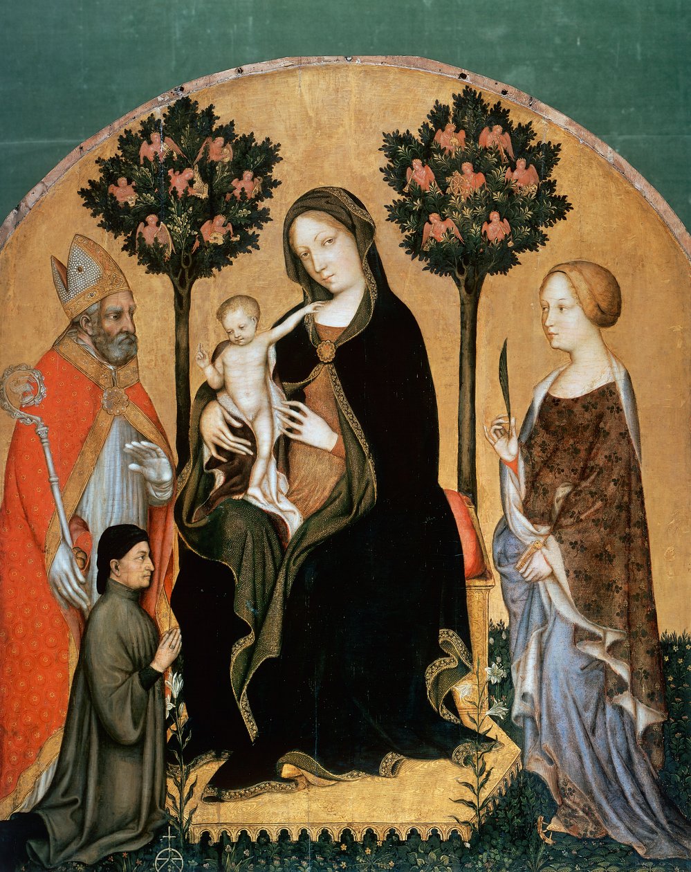 Madonna med barn og Saint Catherine, Saint Nicolas og donor (tempera på panel) af Gentile da Fabriano