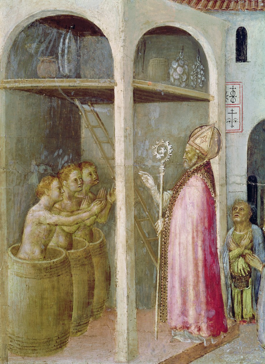 St. Nicholas genopliver de tre børn, der er smidt i saltlagebaljer, detalje fra et predella-panel af Quaratesi-altertavlen, 1425 (tempera på panel) af Gentile da Fabriano
