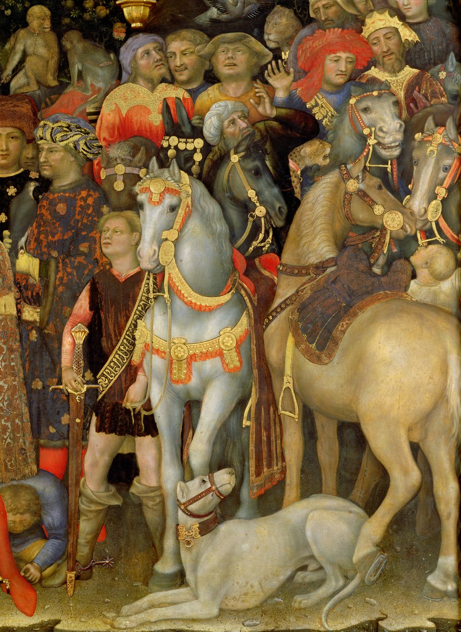 Magiernes tilbedelse, detalje af ryttere, heste og hund, 1423 tempera på panel af Gentile da Fabriano