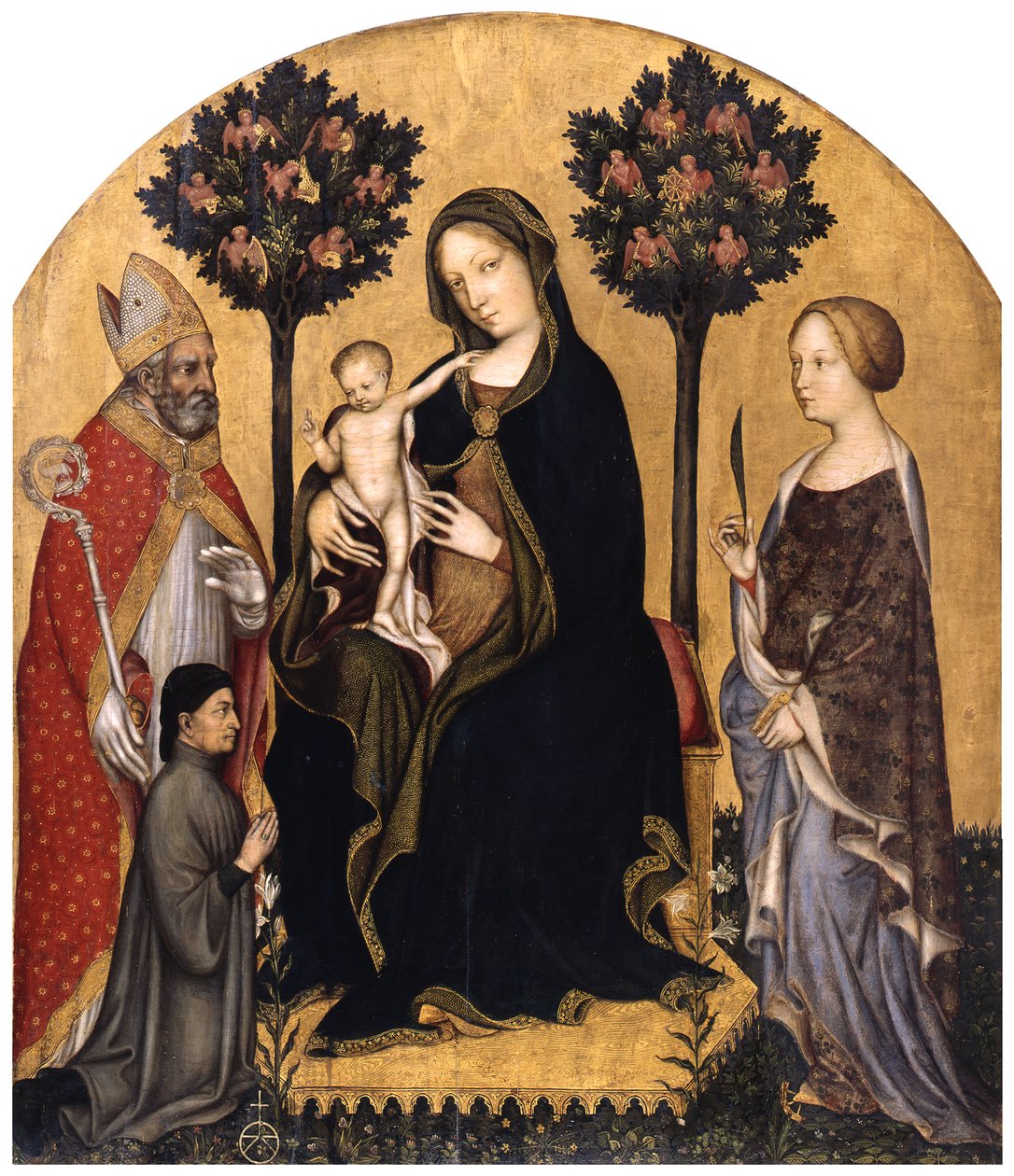 Den tronende Jomfru Maria med Barnet, den hellige Nikolaus af Bari, den hellige Katarina af Alexandria og en donor af Gentile da Fabriano