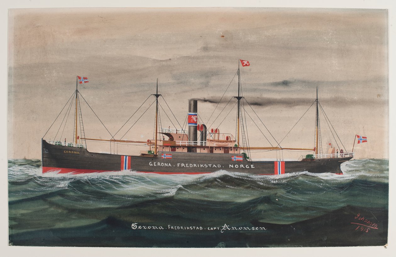 Akvarel med GERONA fra Fredrikstad, Norge. Signeret Joansen af Geo Johansen