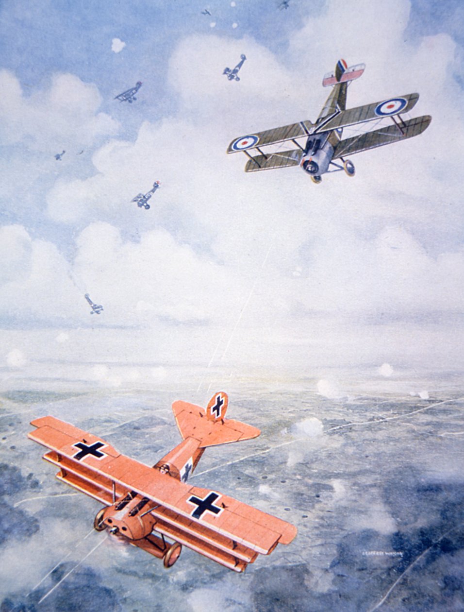 Kaptajn Baron von Richthofens sidste flyvning, ca. 1920 (farve litho) af Geoffrey (after) Watson