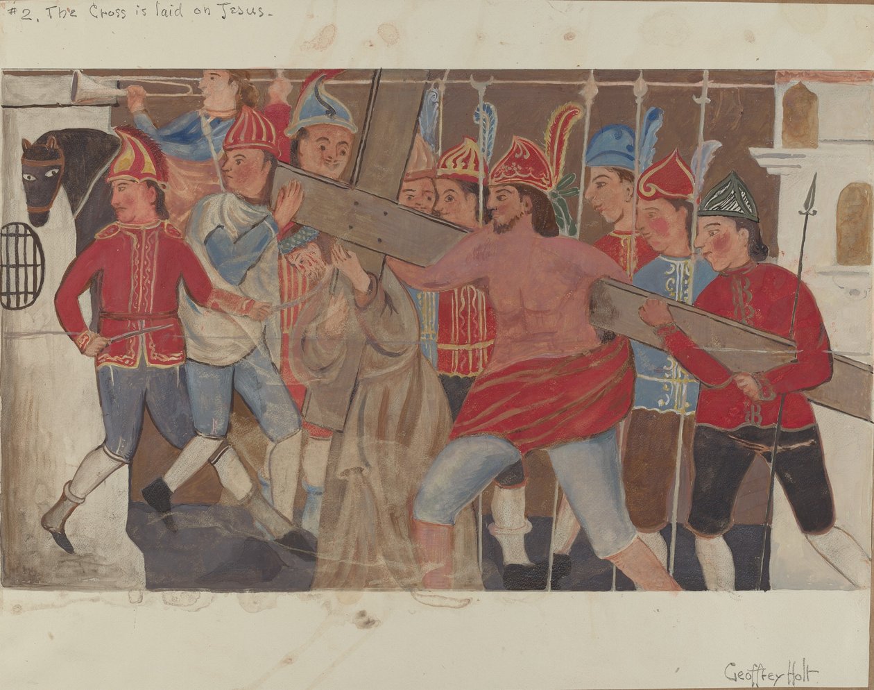Korsets station nr. 2: Korset lægges på Jesus, ca. 1936. af Geoffrey Holt