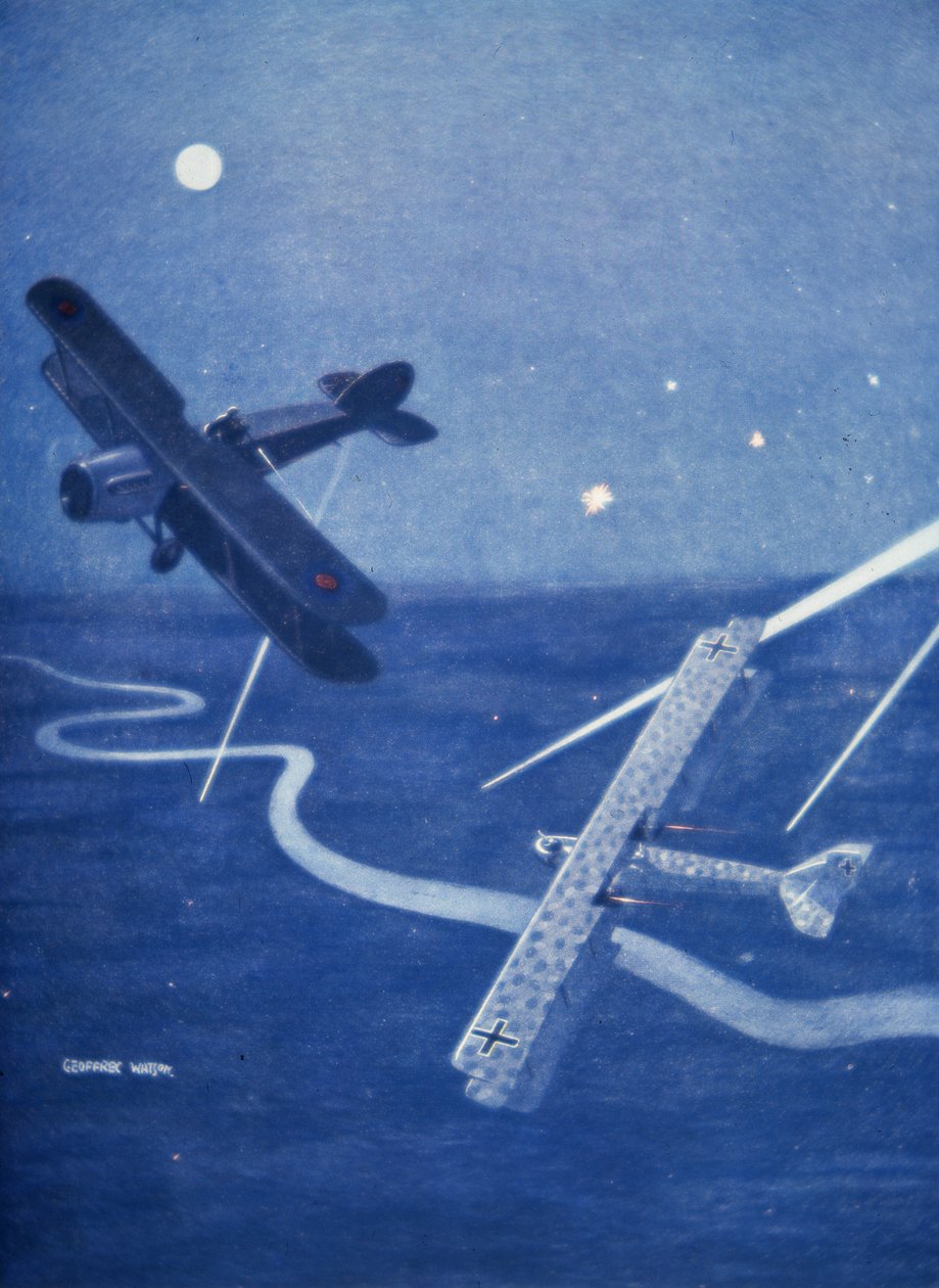 Bristol-jager angriber tysk Gotha-bombefly over London om natten (farve litho) af Geoffrey Watson