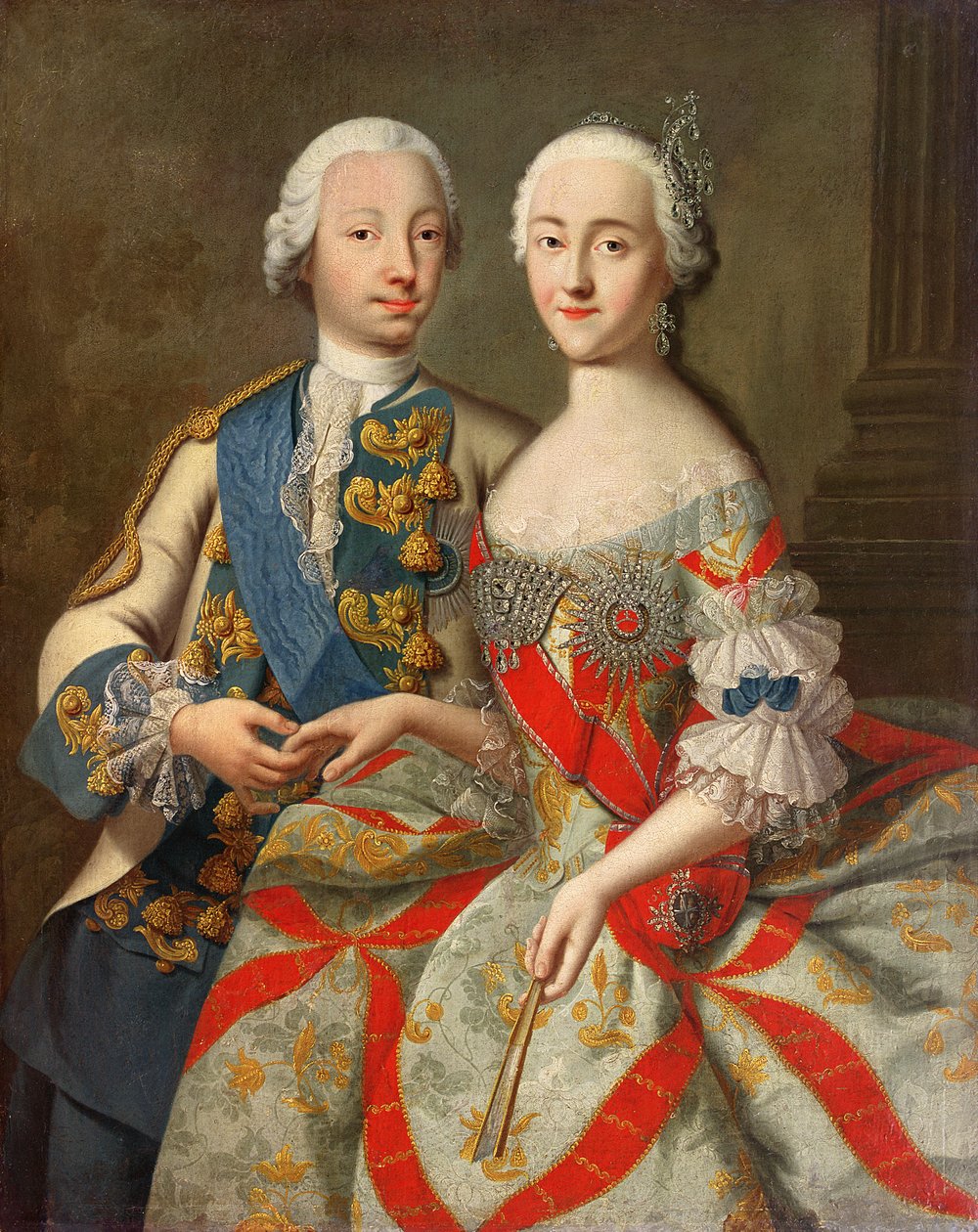 Portræt af Katarina den Store (1729-96) og prins Petr Fedorovich (1728-62) 1740-45 af Georg Christoph Grooth