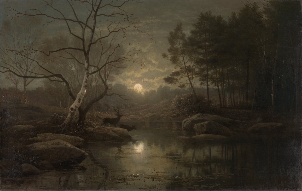 Skovlandskab ved måneskin. olie på lærred medium QS af Georg Eduard Otto Saal
