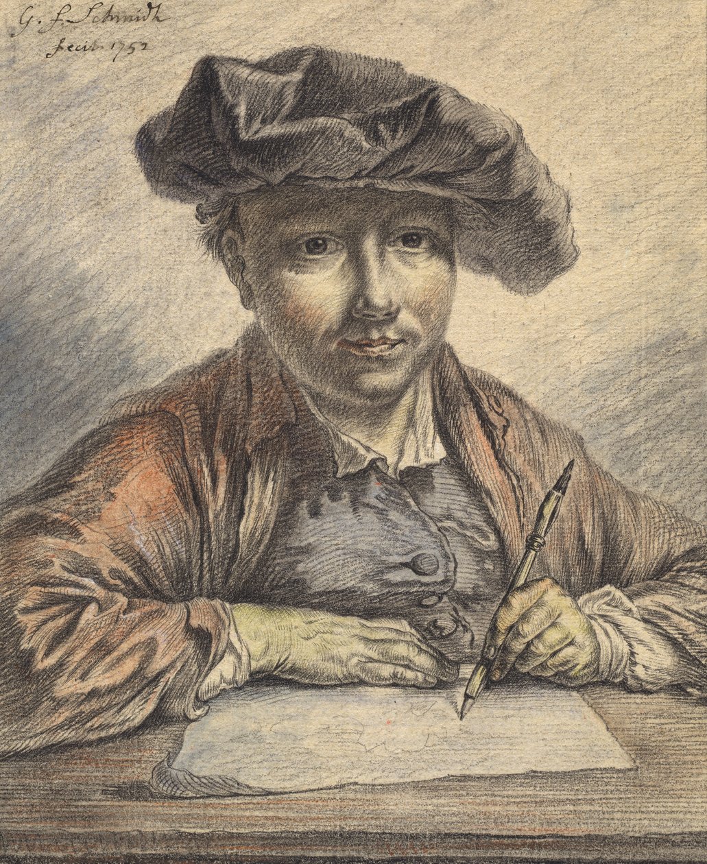 Selvportræt, 1752 (sort og rødt kridt med akvarel, pastel, pen og sort blæk) af Georg Friedrich Schmidt