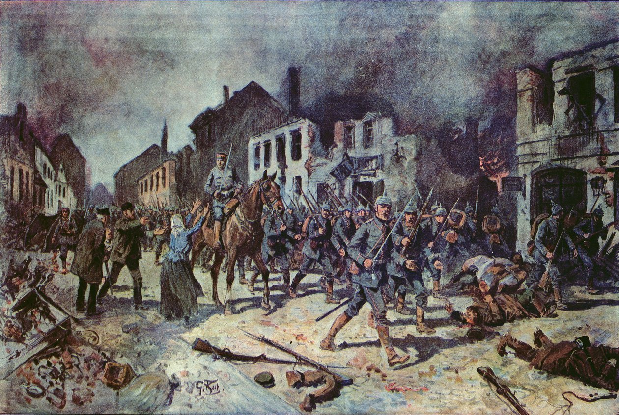 Tyske tropper kommer ind i byen Ortelsburg under slaget ved Tannenberg, august 1914 af Georg Koch