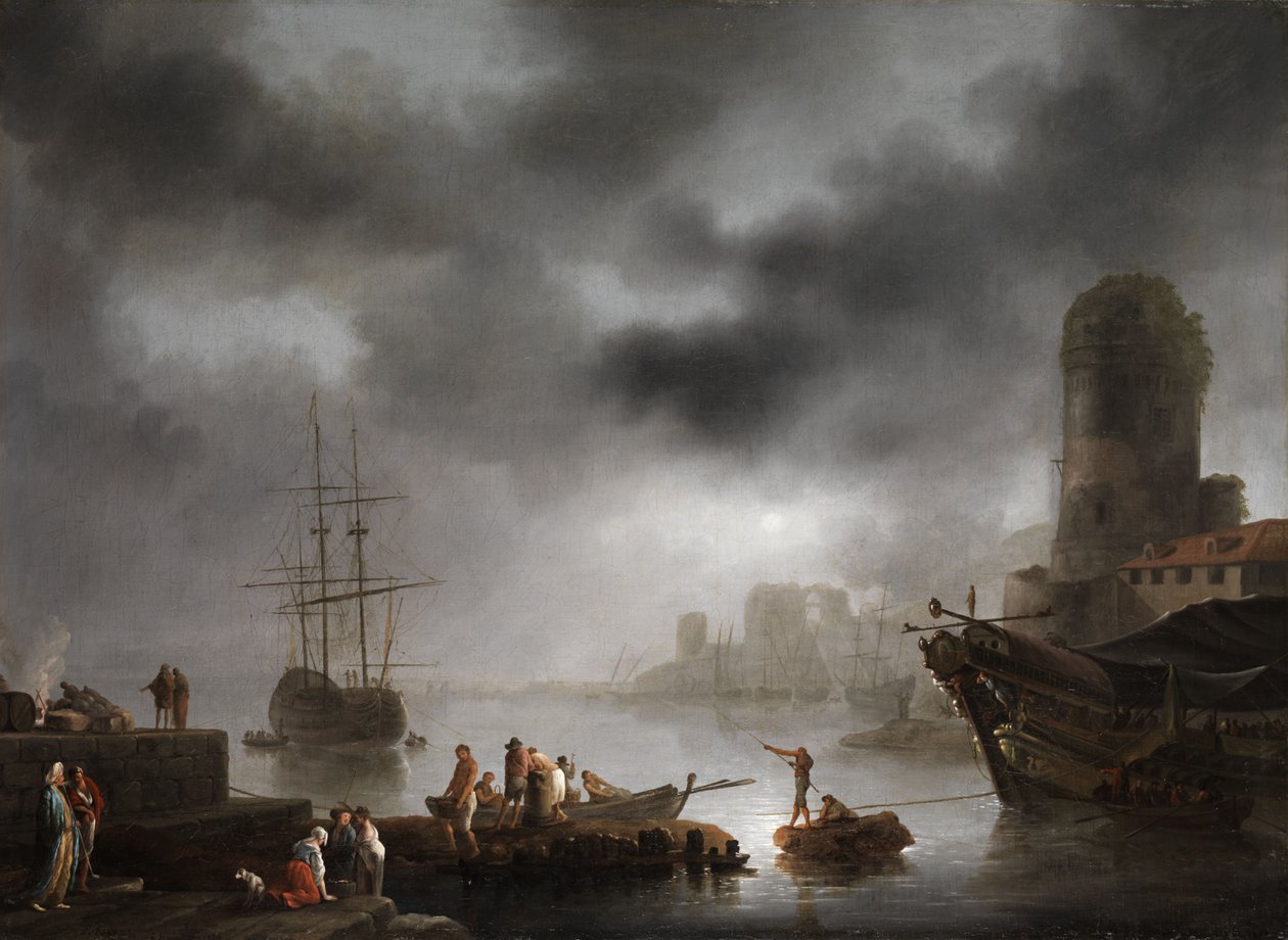 Havnelandskab ved måneskin af Georg Ludwig Eckhardt