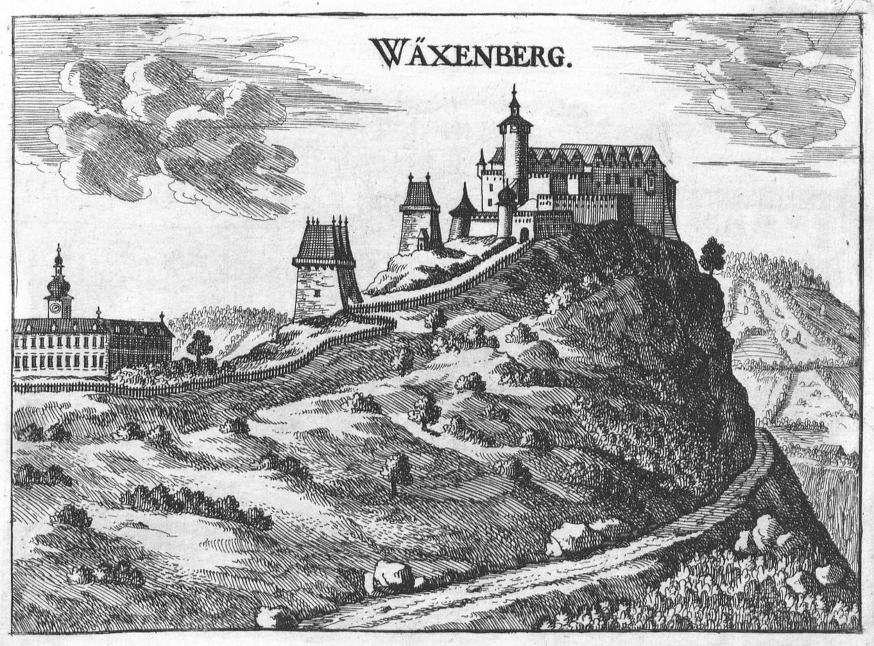 Slottet Waxenberg i Oberösterreich, tegning fra M. Vischer 1674 af Georg Matthaus Vischer