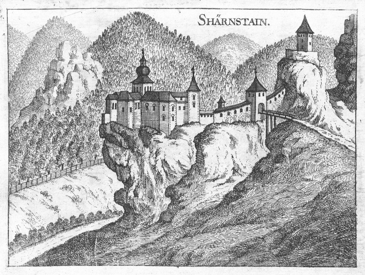 Gravering, udsigt over Scharnstein slot, Øvre Østrig af Georg Matthaus Vischer