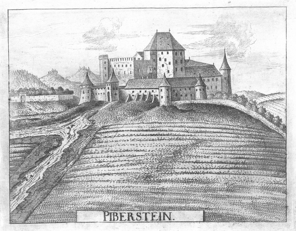 Kobberstik, udsigt over Piberstein Slot, Øvre Østrig af Georg Matthaus Vischer