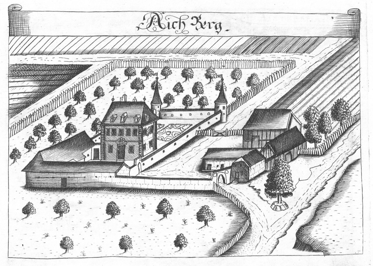 Gravering, udsigt over Aichberg slot, Øvre Østrig af Georg Matthaus Vischer
