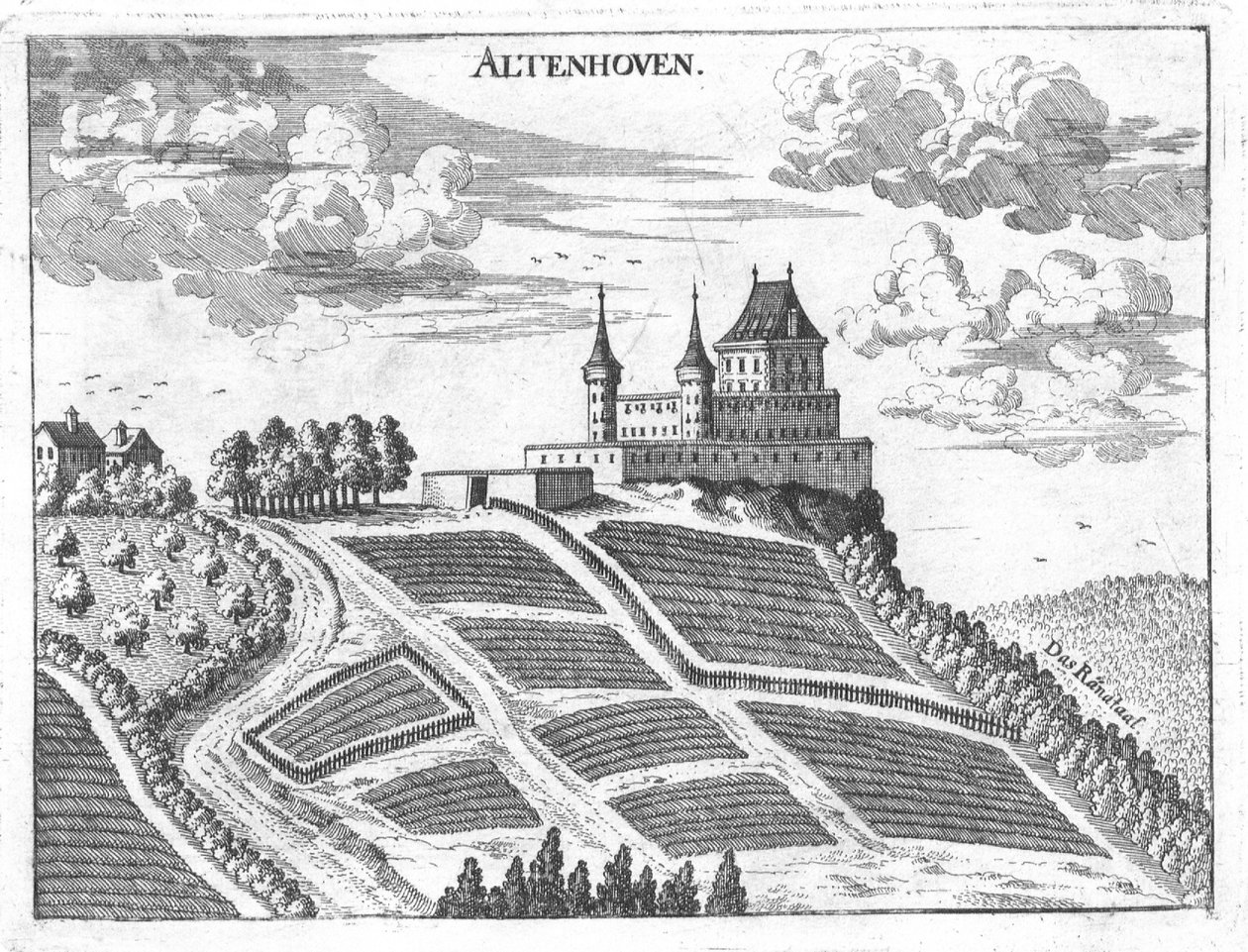 Gravering, udsigt over Altenhof slot, Øvre Østrig af Georg Matthaus Vischer