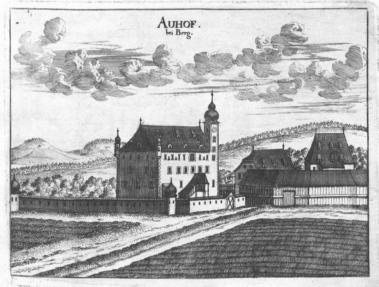 Gravering, udsigt over Auhof slot, Øvre Østrig af Georg Matthaus Vischer