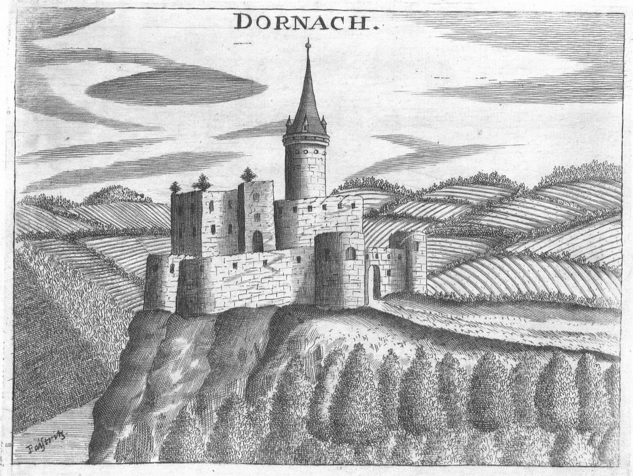 Gravering, udsigt over Dornach slot, Øvre Østrig af Georg Matthaus Vischer