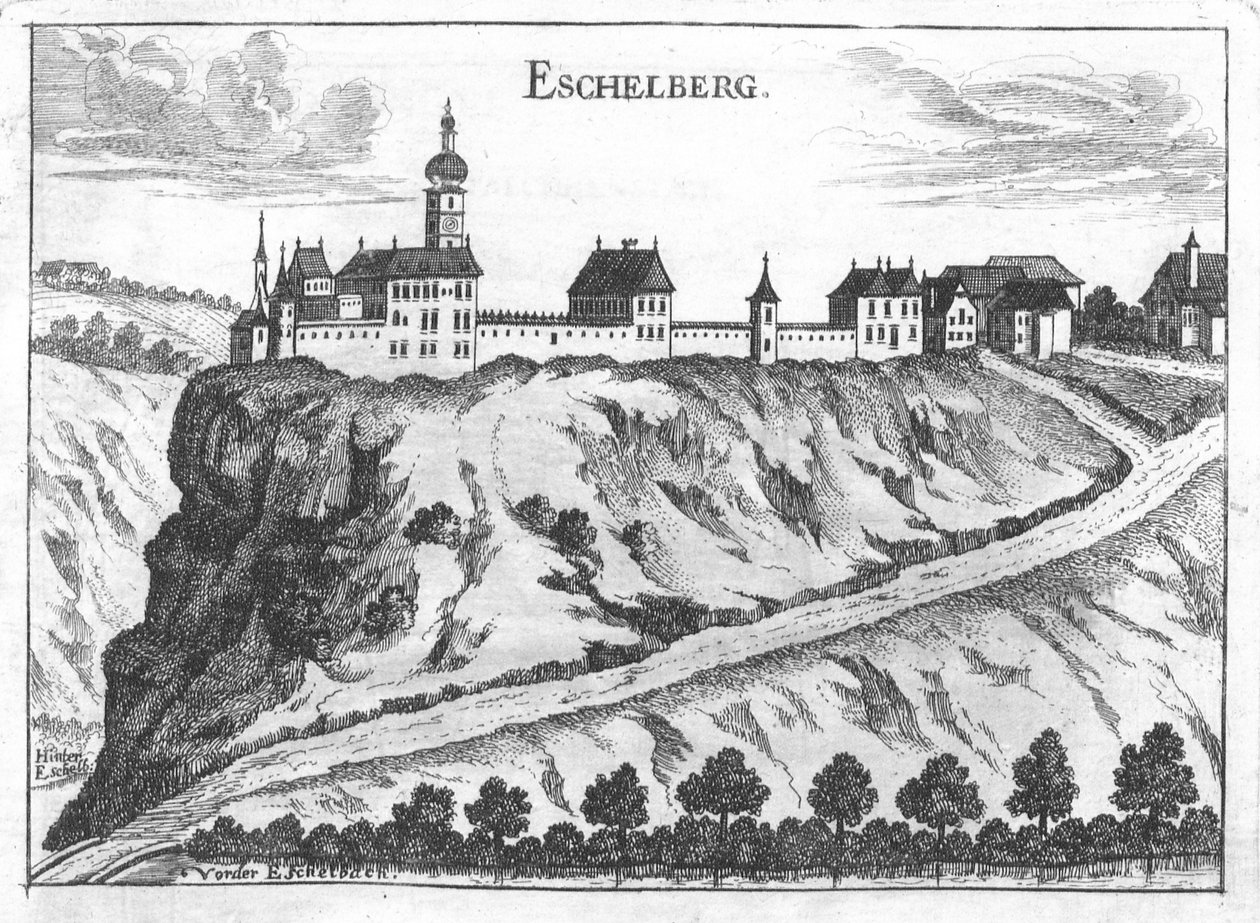 Gravering, udsigt over Eschelberg slot af Georg Matthäus  Vischer