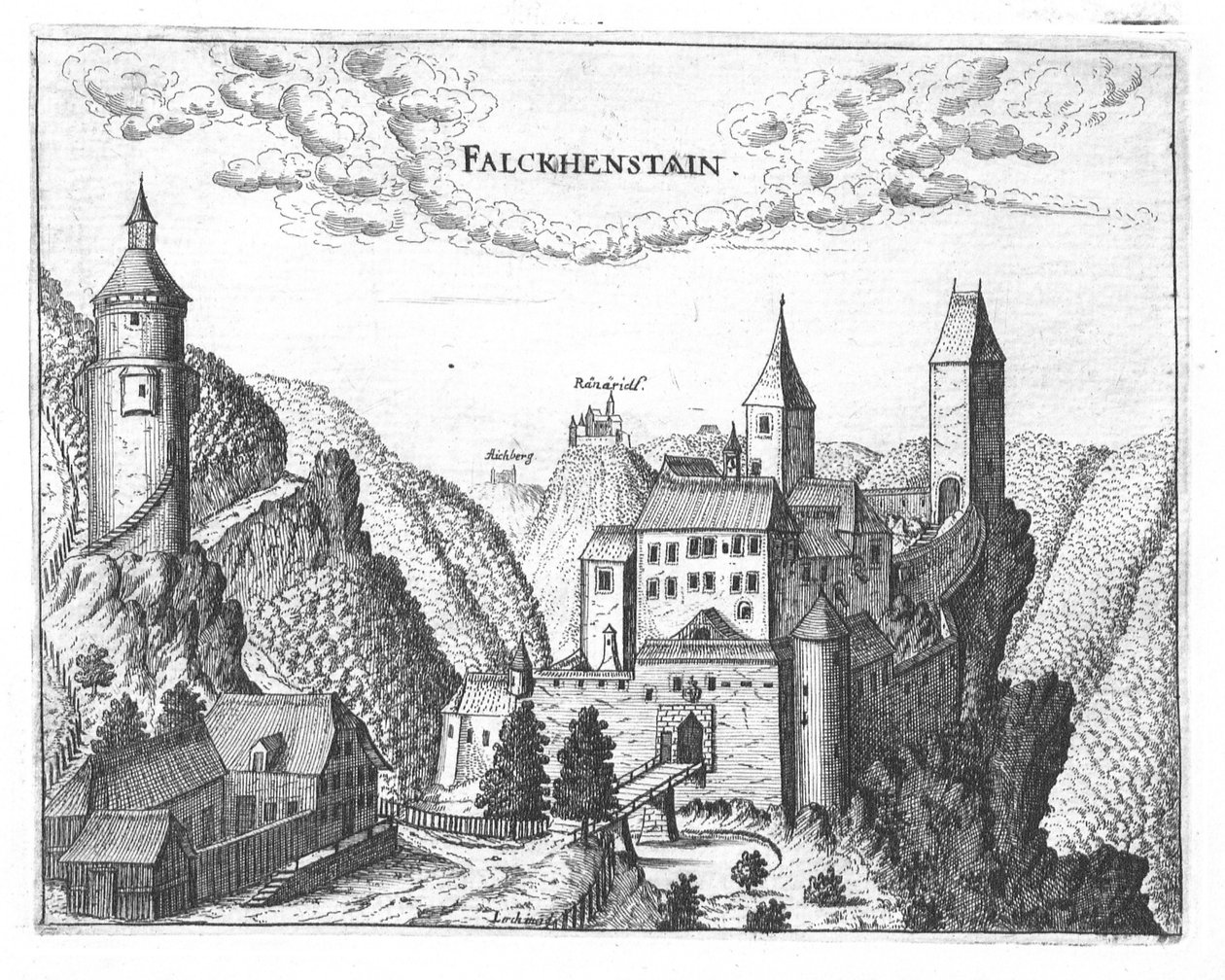 Gravering, udsigt over Falkenstein slot, Øvre Østrig af Georg Matthaus Vischer
