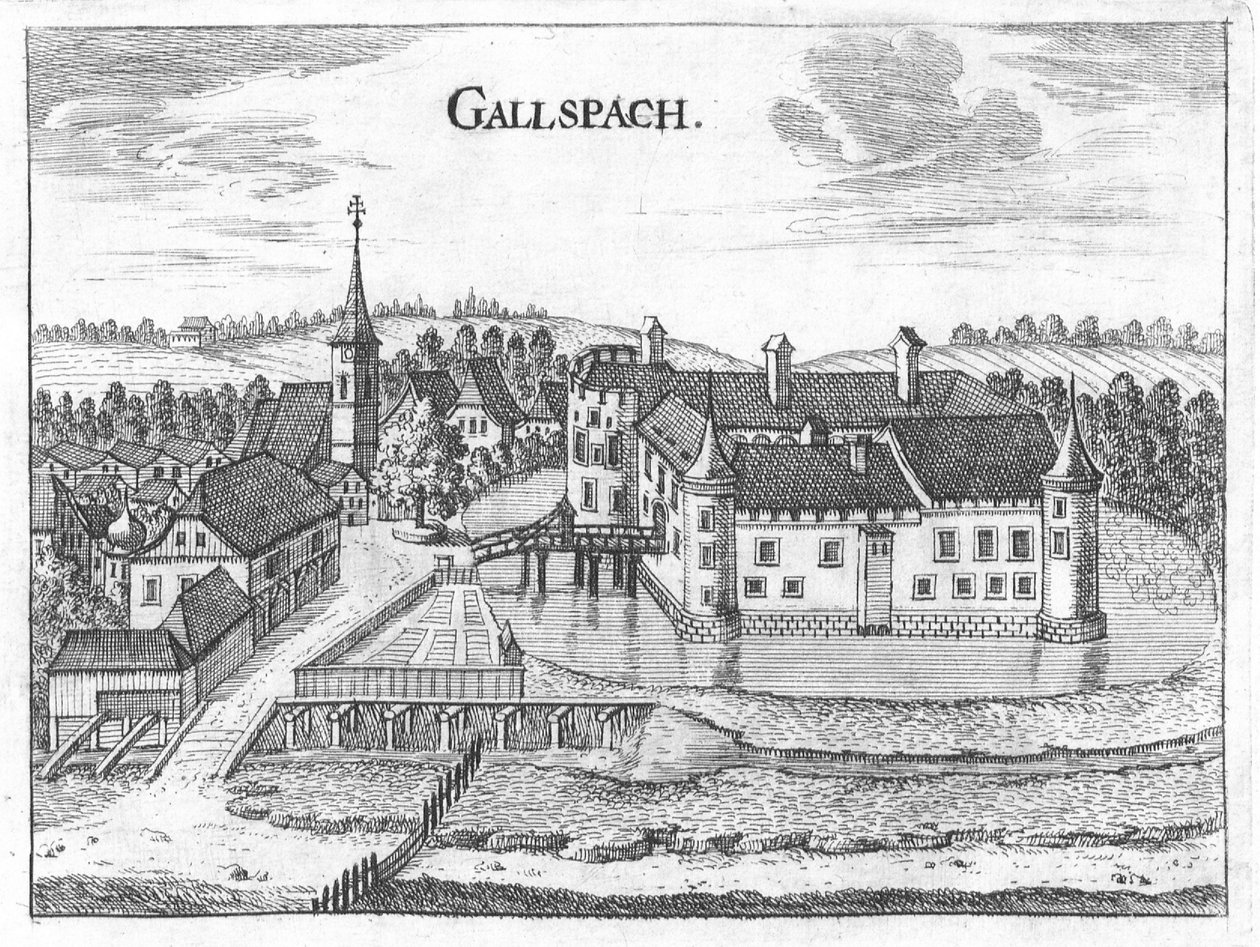 Gravering, udsigt over Gallspach slot, Øvre Østrig af Georg Matthaus Vischer