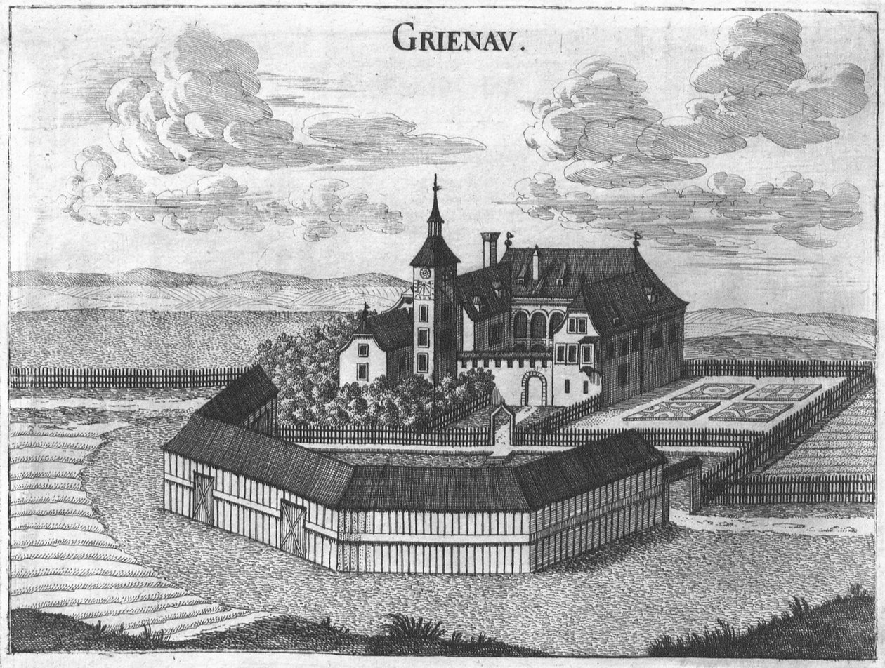 Gravering, udsigt over Grünau slot, Øvre Østrig af Georg Matthaus Vischer