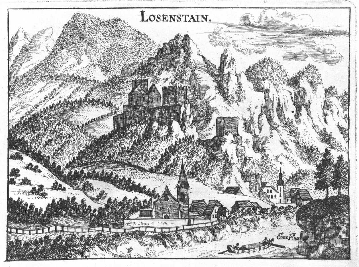 Gravering, udsigt over Losenstein slot, Øvre Østrig af Georg Matthaus Vischer