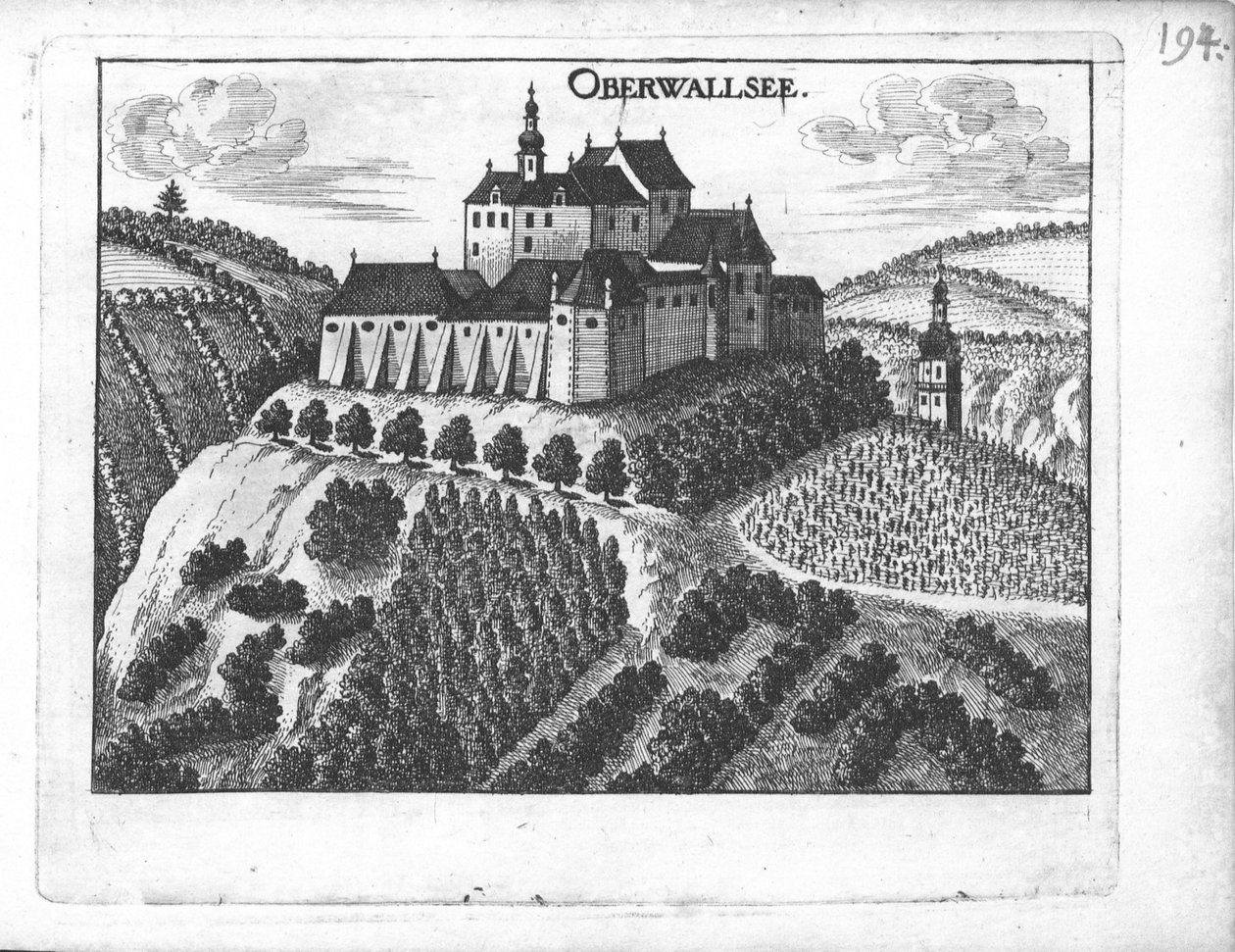 Gravering, udsigt over Oberwallsee slot, Øvre Østrig af Georg Matthaus Vischer
