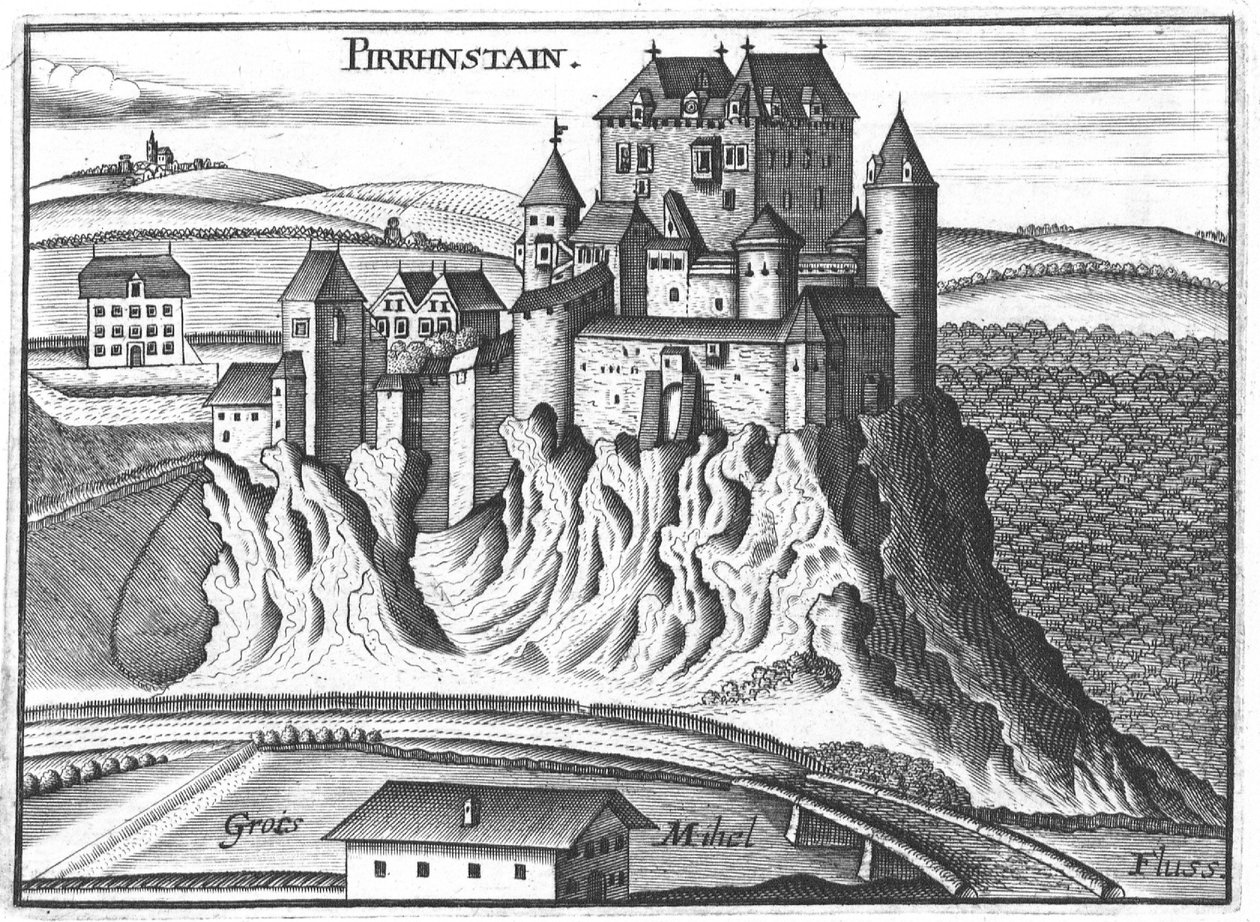 Gravering, udsigt over Pürnstein slot, Øvre Østrig af Georg Matthaus Vischer