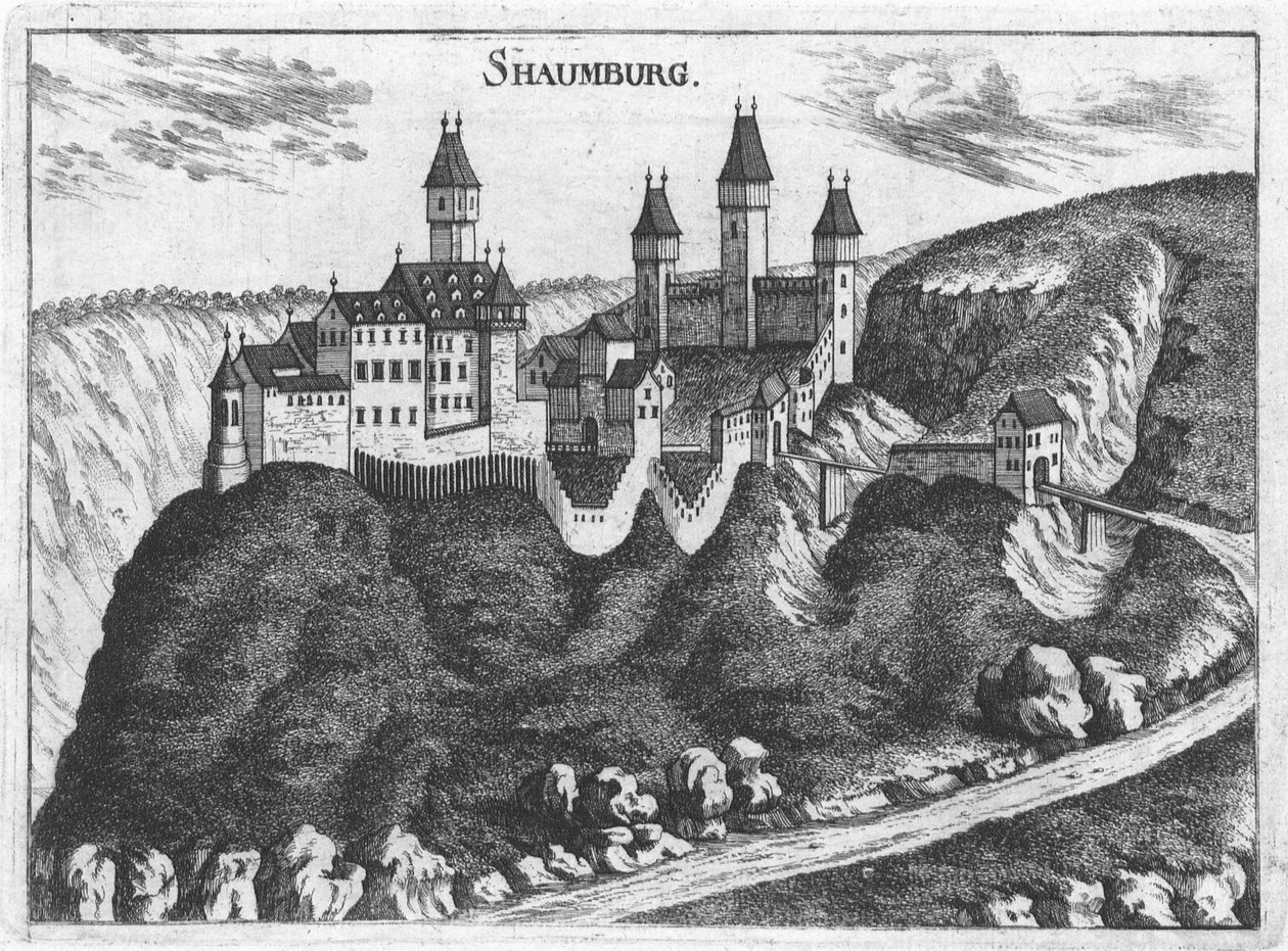 Gravering, udsigt over Schaunburg slot, Øvre Østrig af Georg Matthäus  Vischer