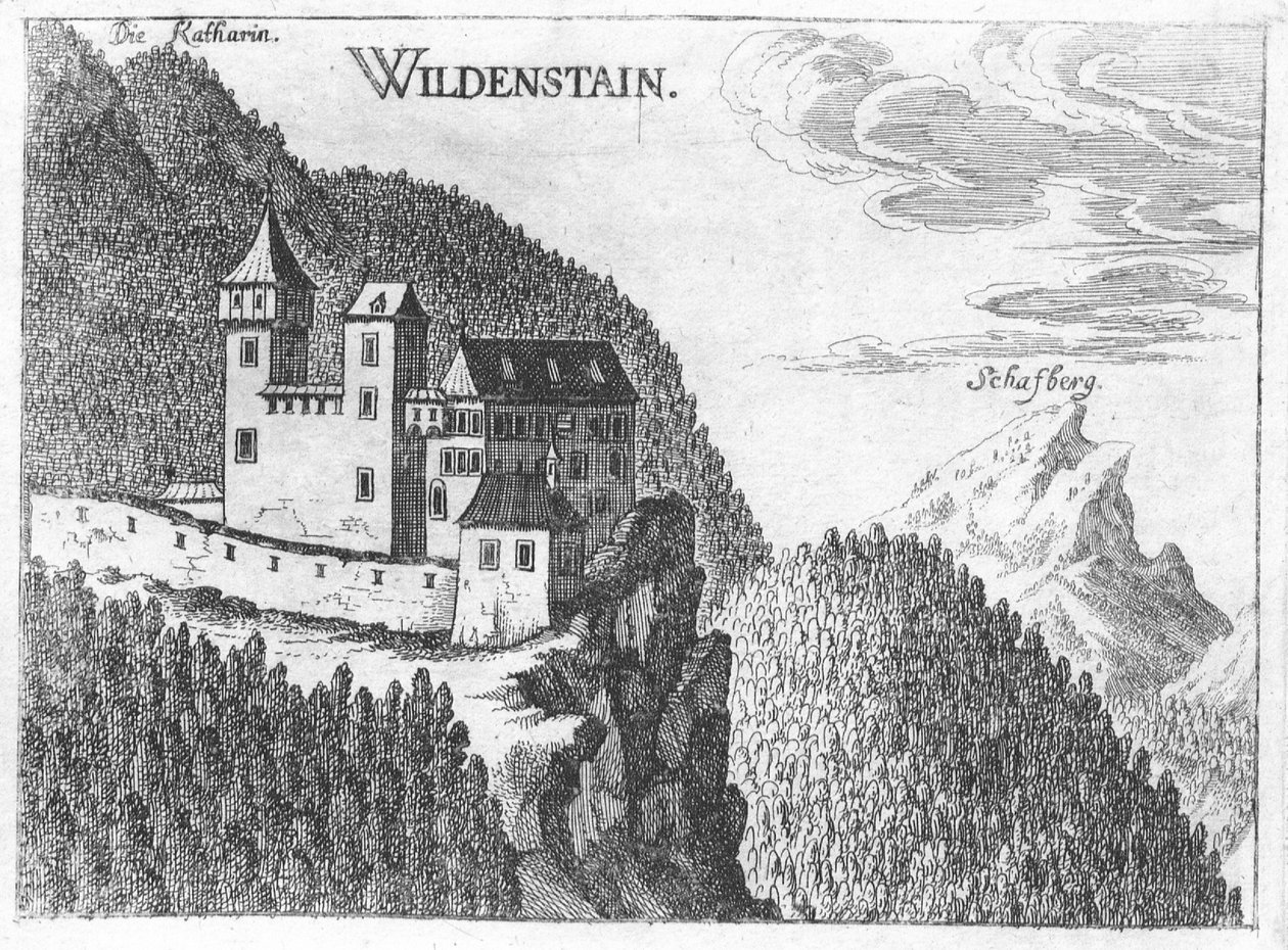 Gravering, udsigt over Wildenstein slot, Øvre Østrig af Georg Matthaus Vischer