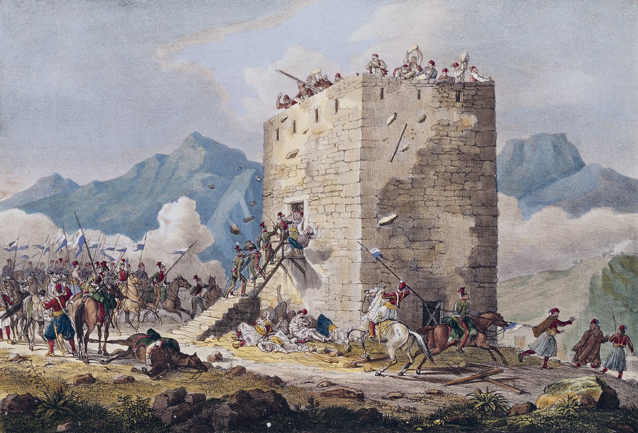 Fyrre græske rebellers modstand i et tårn i Theben i 1833 af Georg Melchior Kraus