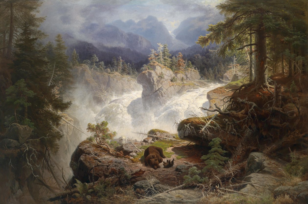 Bjørnefamilie i et bredt bjerglandskab af Georg Eduard Otto Saal