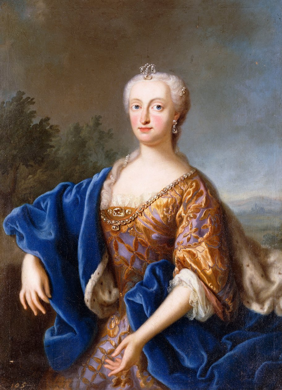Portræt af Maria Amalia, stående trekvart længde, iført en broderet kjole (olie på lærred) af Georg (circle of) Desmarees