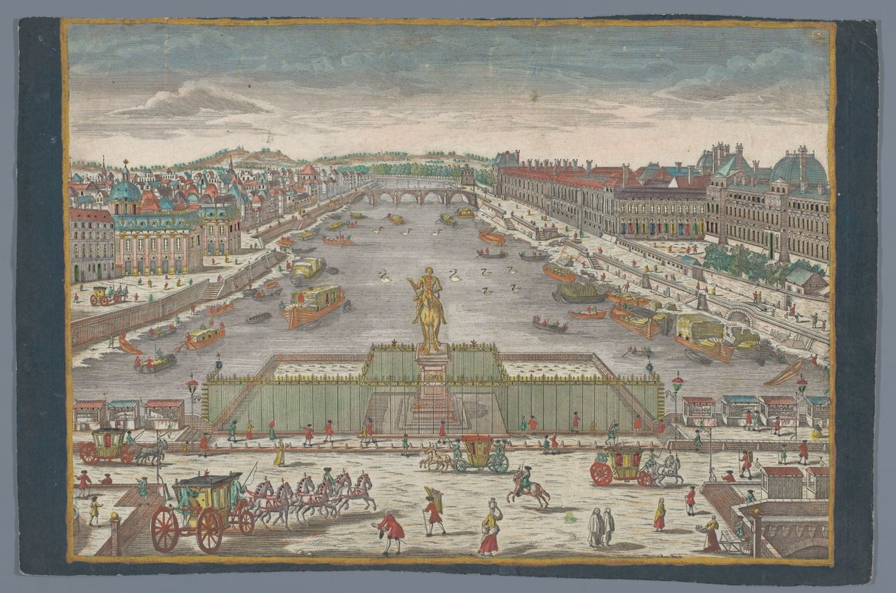 Udsigt over Pont Neuf over Seinen i Paris, med udsigt til Pont Royal Gesicht der Neuen Bruck, gegen der Königl. Bruck til Paris af Georg Balthasar Probst (possibly)