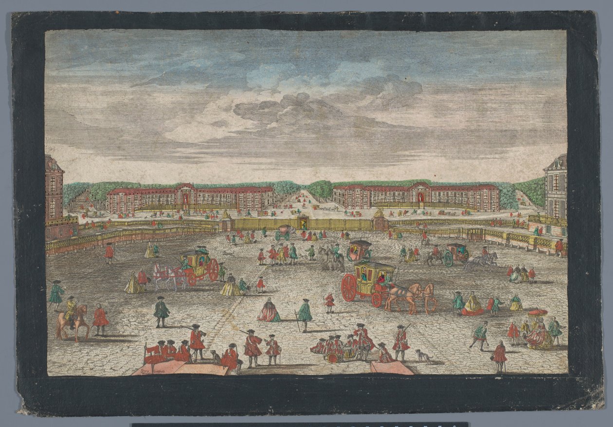 Udsigt over staldene i Versailles-slottet Gesicht der Ställe zu Versalien, taget fra dem Zweiten Gitter (titel på objekt) af Georg Balthasar Probst (possibly)