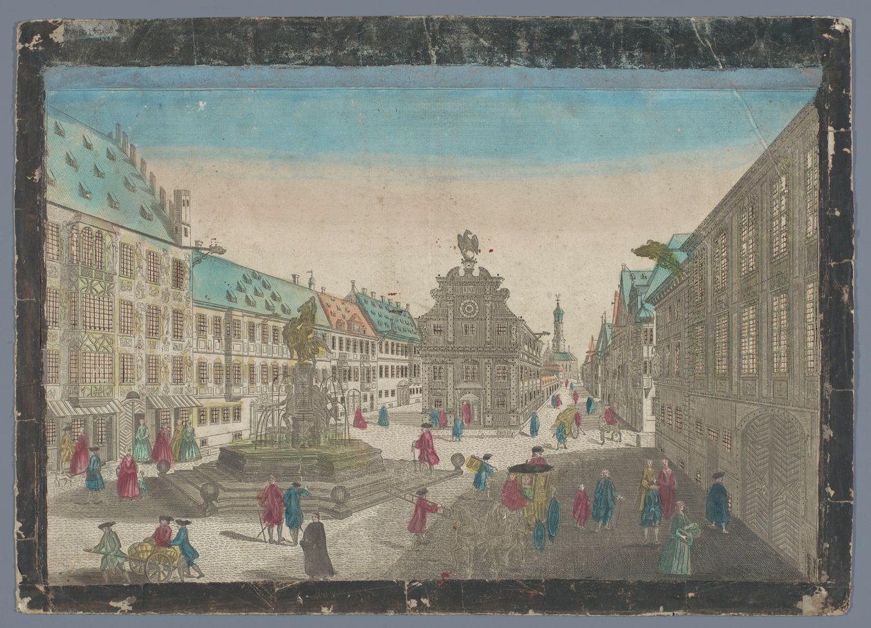 Se på de vinmarkt i Augsburg Udsigt til vinmarkedet op ad Saltz Stadel mod S. Ulrich til Augspurg (titel på objektet) af Georg Balthasar Probst (possibly)