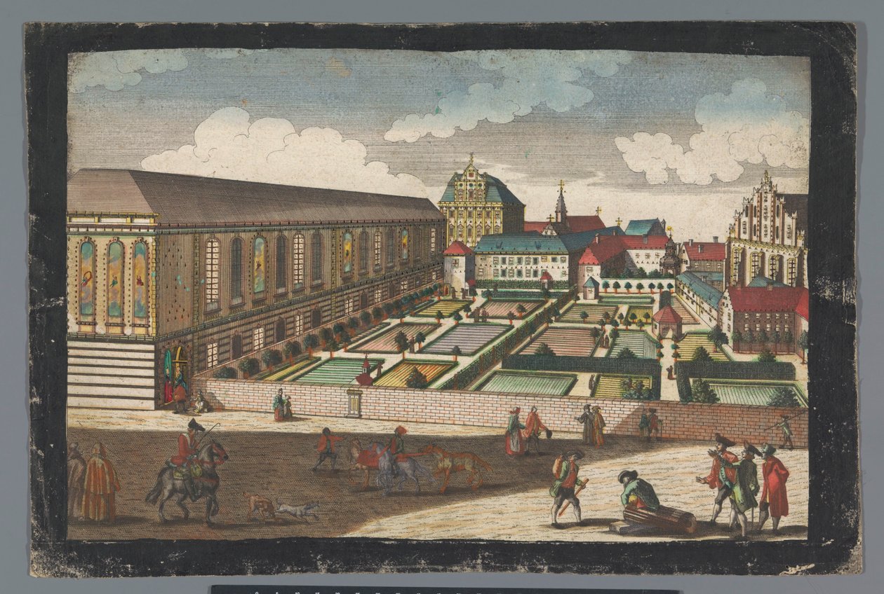 Udsigt over det kongelige palads og klosteret for de mindre kapucinerbrødre i Wroclaw Das Könige Palatium, samt dem Capuciner und Minoritten Closter zu Breslau (titel på objekt) af Georg Balthasar Probst (possibly)