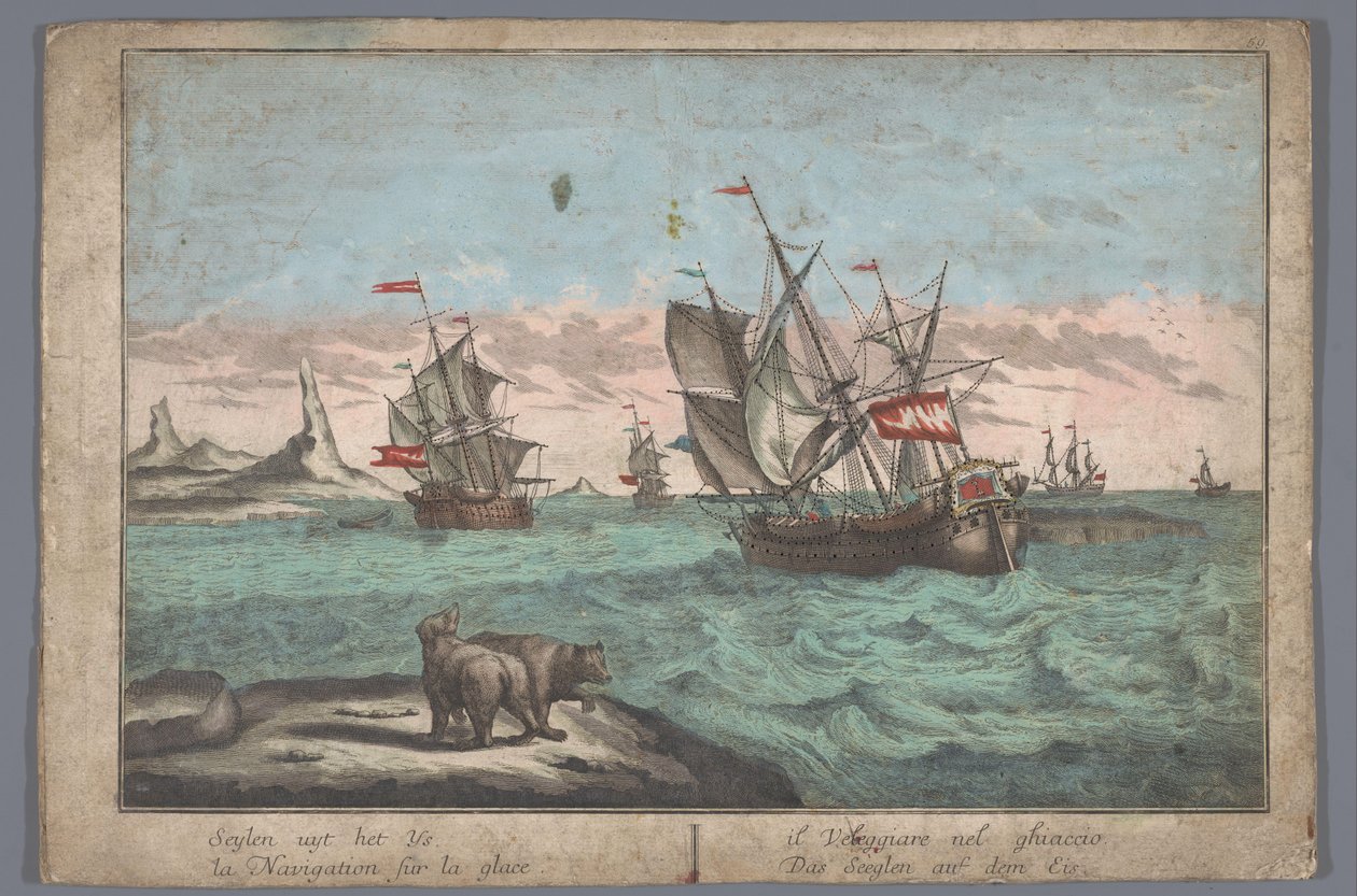 Udsigt over skibene, der sejler på ishavet Das Seeglen auf dem Eis (titel på objekt) af Georg Balthasar Probst (possibly)