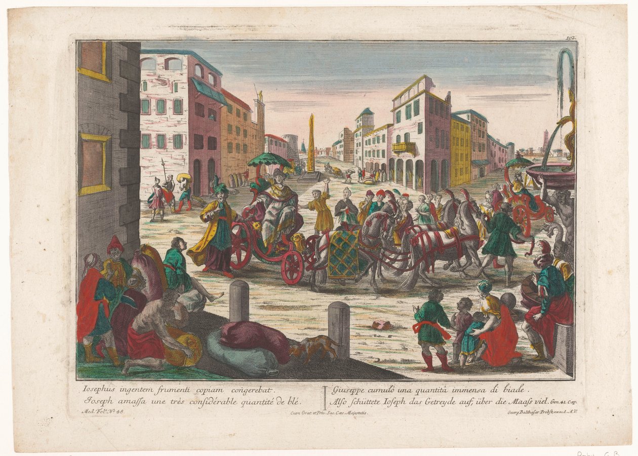 Jakobs sønner skal forlade Simeon i Ægypten, indtil de vender tilbage med Benjamin Også schüttete Ioseph das Getreyde auf, über die Maass faldt (titel på objekt) Historien om Joseph (serietitel) af Georg Balthasar Probst