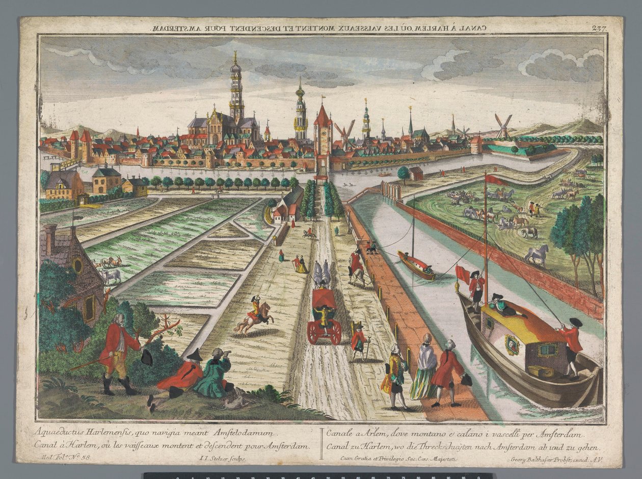 Udsigt over Amsterdam-kanalen i Haarlem Canal zu Harlem, gift med Threckschuijten efter Amsterdam ab und zu gehen (titel på objektet) Haarlem (serietitel) af Georg Balthasar Probst