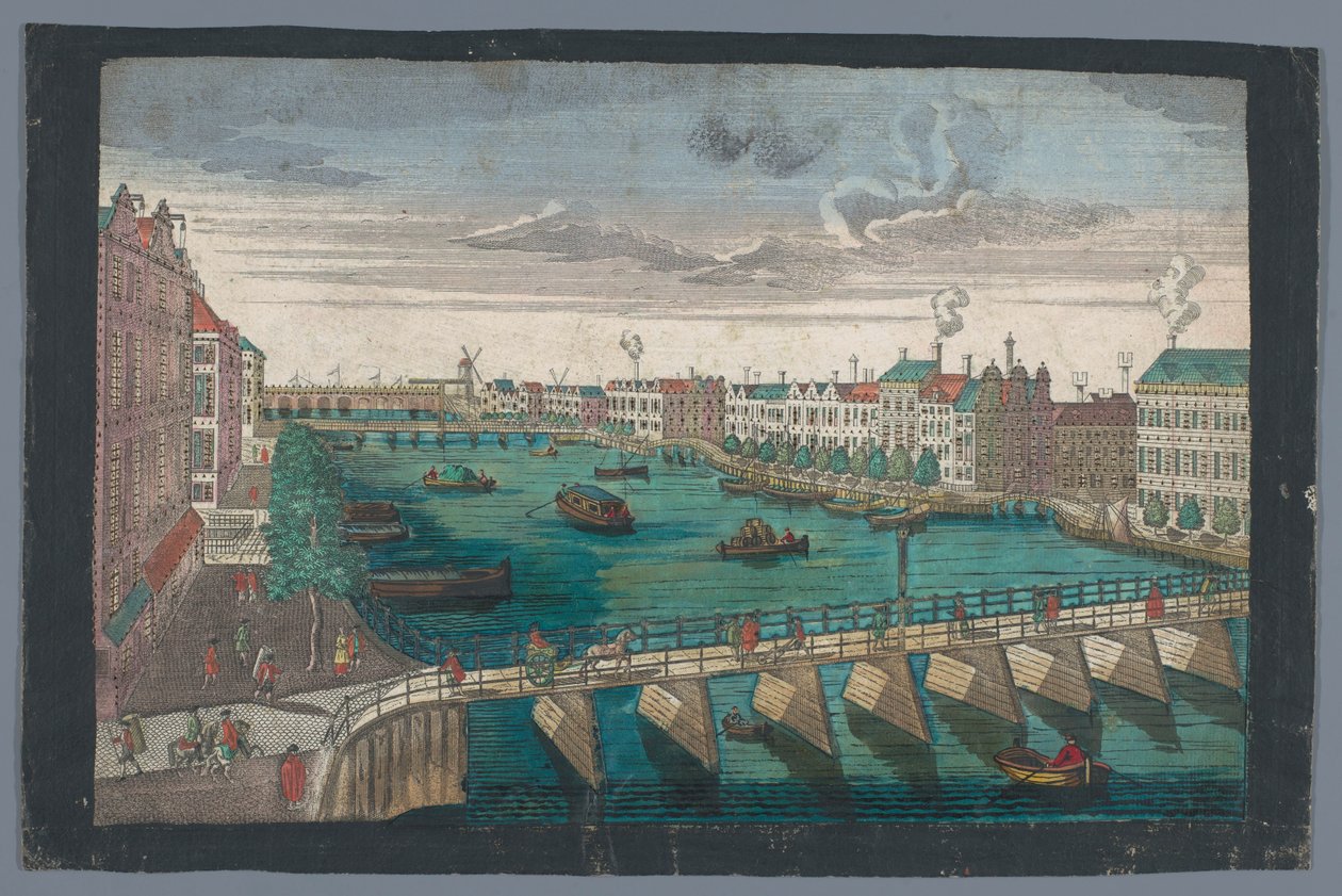 Udsigt over Binnen-Amstel mellem Blauwbrug og Hogesluis i Amsterdam Die Amstel von inden nach der blauen Brücke gegen der Wasser Schleuße zu Amsterdam (titel på objekt) af Georg Balthasar Probst